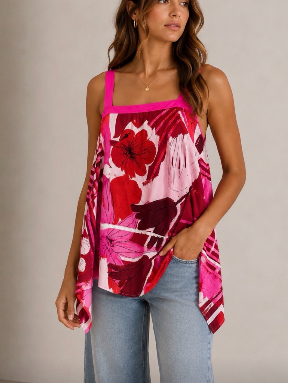 Anthropologie Eva Franco BOHO Pink & Red Floral Sleeveless flare Tank Top size 6